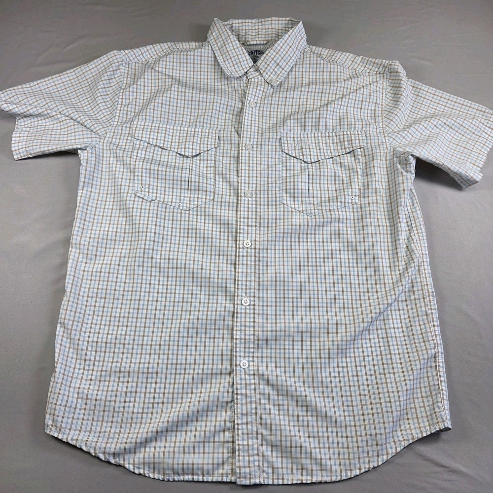 AFTCO Vertex Vented Fishing Shirt Mens Medium Red White Plaid AFTECH Button Down